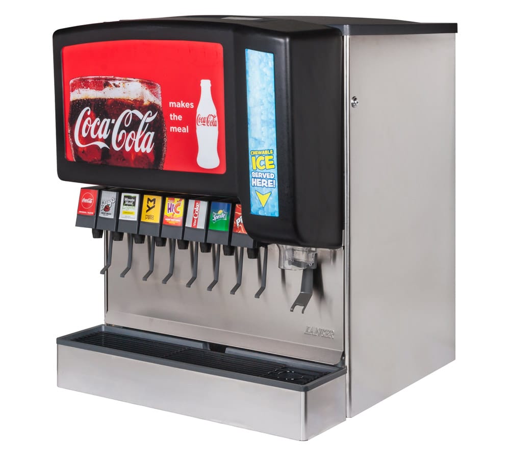A soda fountain machine with a row of drink dispensers
